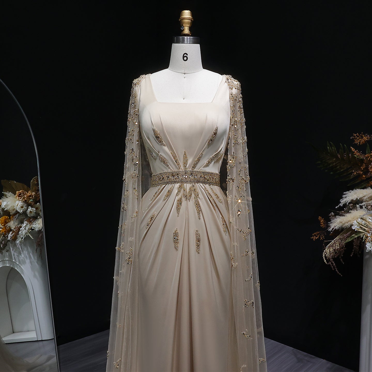 Elegant Champagne Square Neck Beaded Evening Dress with Cape Sleeve SS213