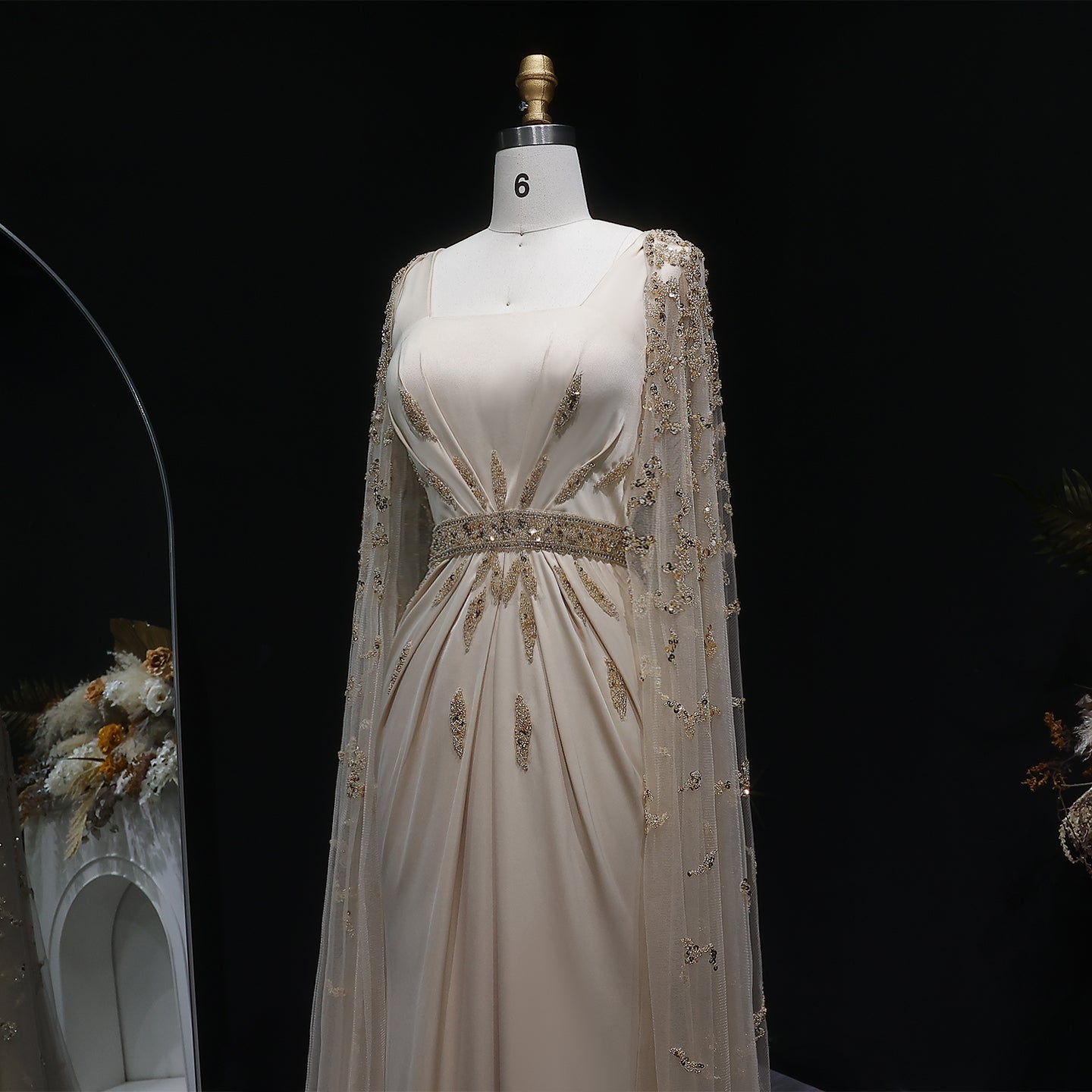 Elegant Champagne Square Neck Beaded Evening Dress with Cape Sleeve SS213