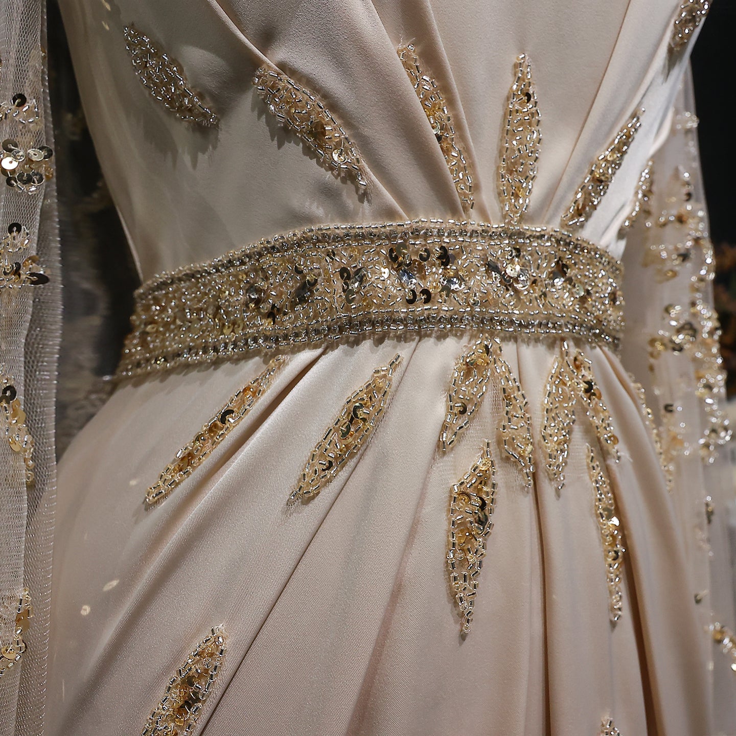 Elegant Champagne Square Neck Beaded Evening Dress with Cape Sleeve SS213