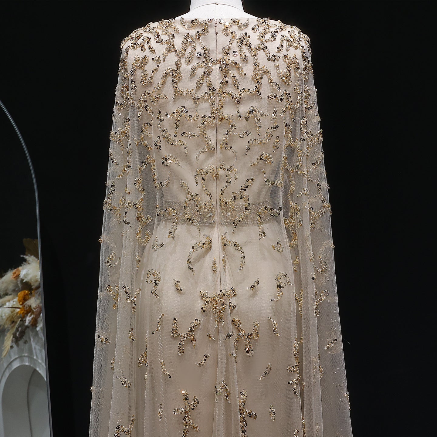 Elegant Champagne Square Neck Beaded Evening Dress with Cape Sleeve SS213