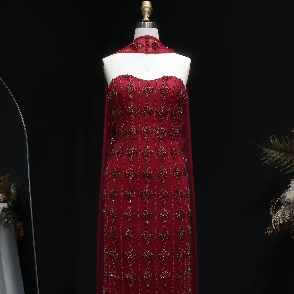 Luxury Beaded Nude Strapless Evening Dress with Scarf SS229