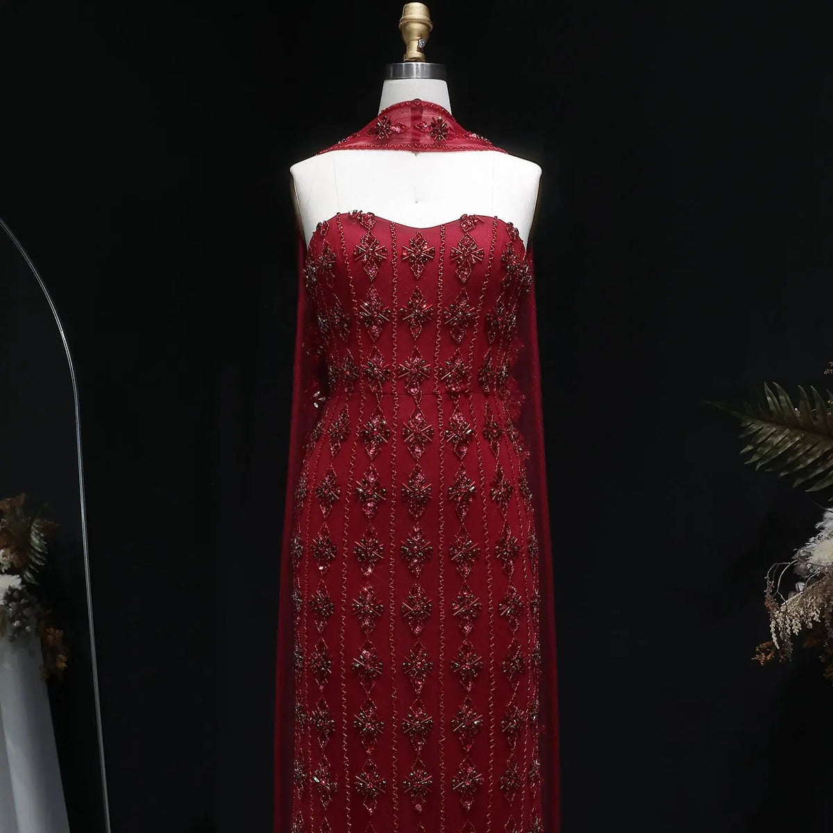 Luxury Beaded Nude Strapless Evening Dress with Scarf SS229