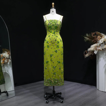 Luxury 3D Floral Beaded Short Green Spaghetti Evening Dress SS233
