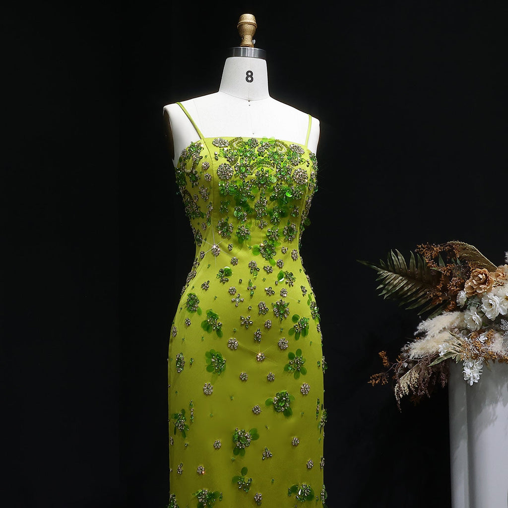 Luxury 3D Floral Beaded Green Spaghetti Straps Midi Evening Dress SS233