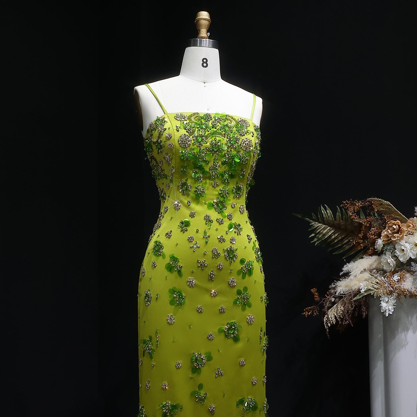 Luxury 3D Floral Beaded Green Spaghetti Straps Midi Evening Dress SS233