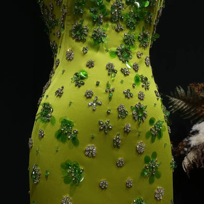 Luxury 3D Floral Beaded Short Green Spaghetti Evening Dress SS233