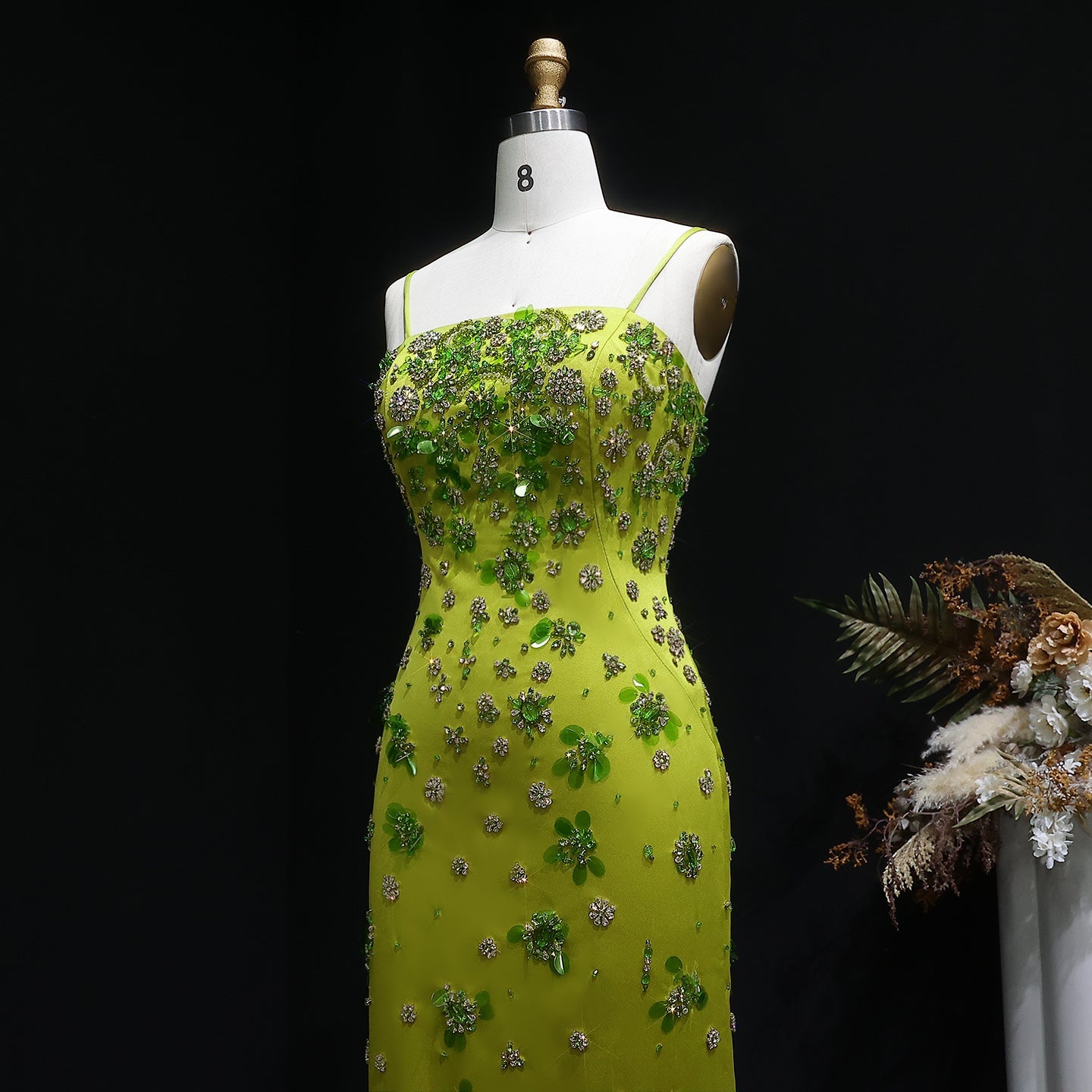 Luxury 3D Floral Beaded Green Spaghetti Straps Midi Evening Dress SS233
