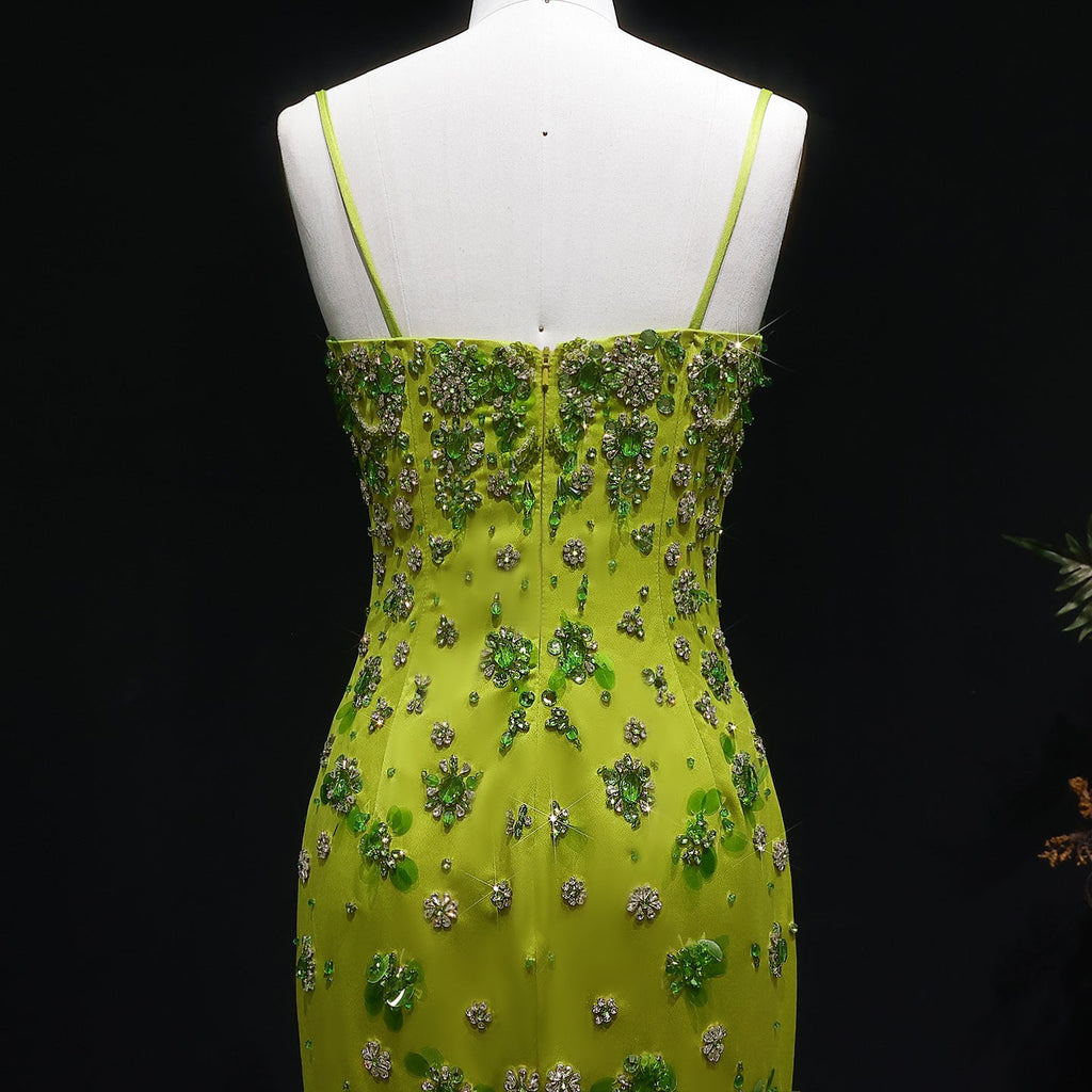Luxury 3D Floral Beaded Green Spaghetti Straps Midi Evening Dress SS233