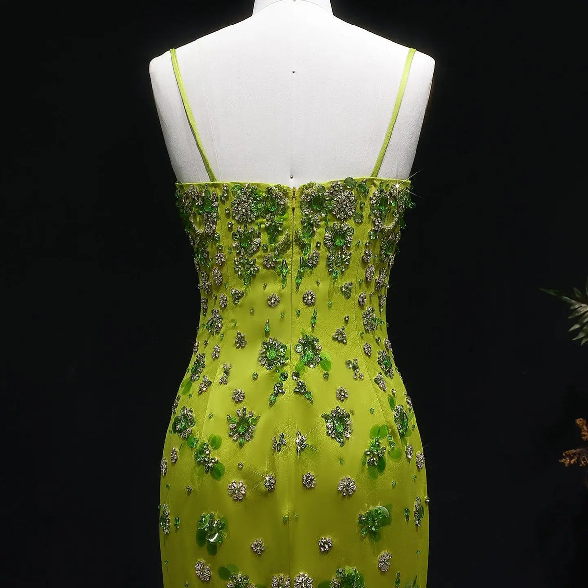 Luxury 3D Floral Beaded Short Green Spaghetti Evening Dress SS233