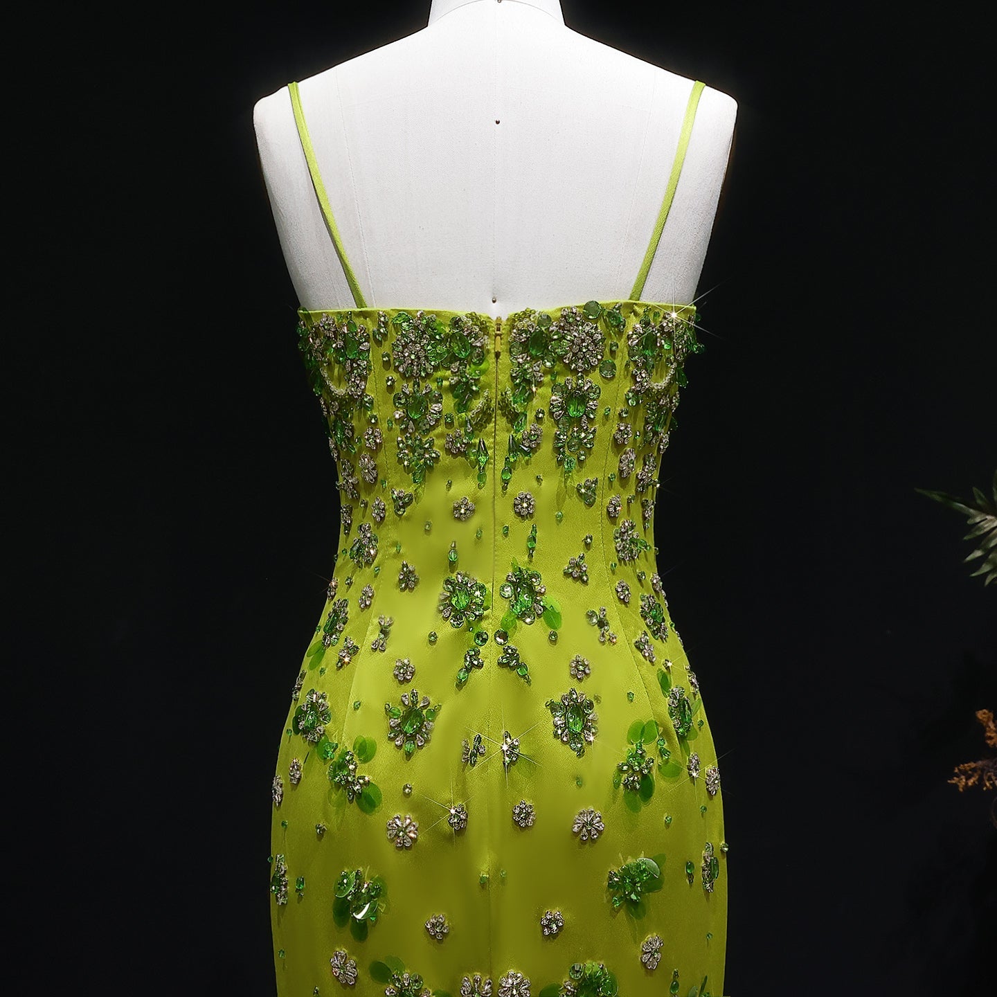 Luxury 3D Floral Beaded Green Spaghetti Straps Midi Evening Dress SS233
