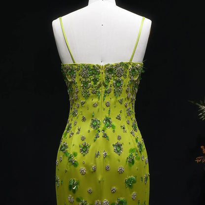 Luxury 3D Floral Beaded Short Green Spaghetti Evening Dress SS233