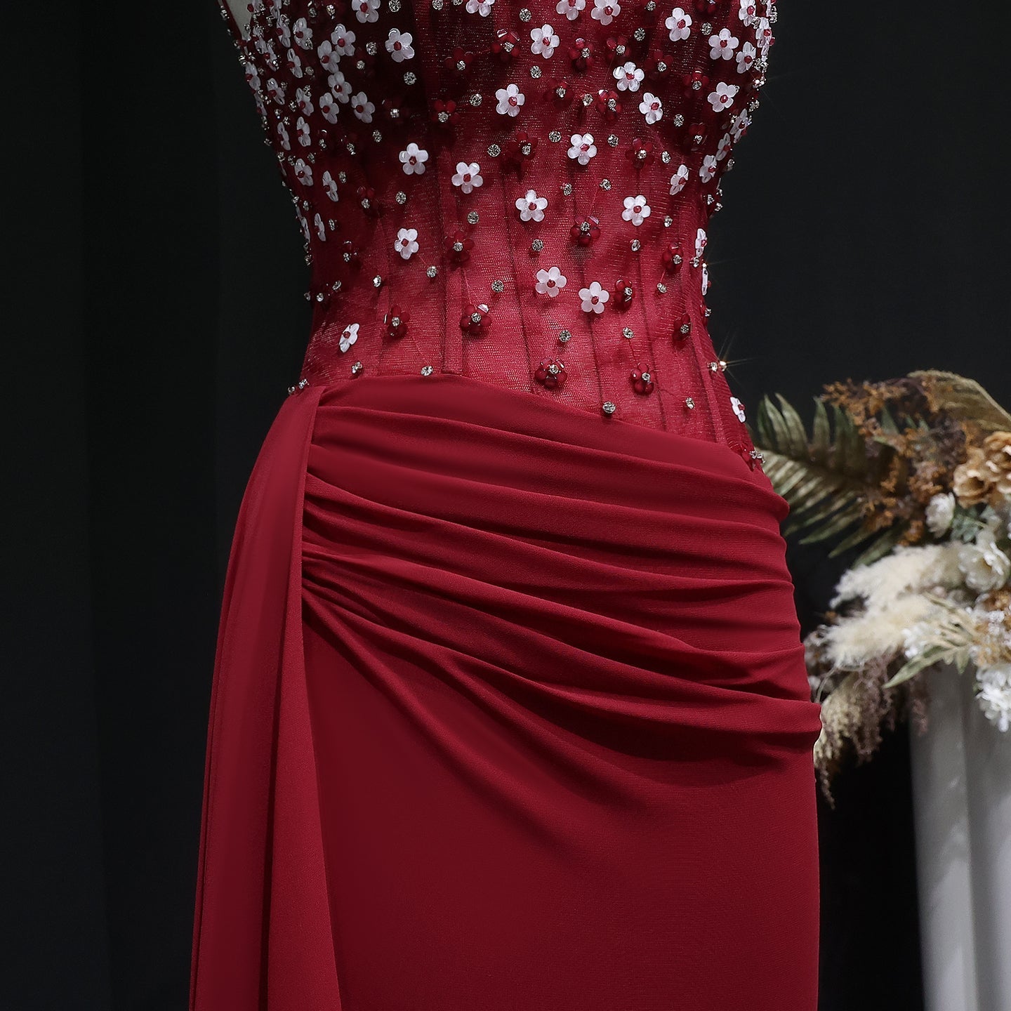 Glamorous Black Ruched Corset Beaded Mermaid Evening Dress SS248