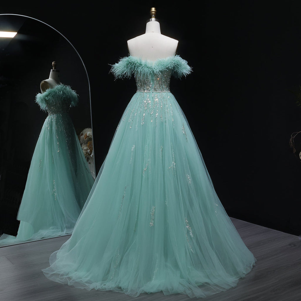 Luxury Feathers Lilac Crystal Evening Dress with Overskirt SS252