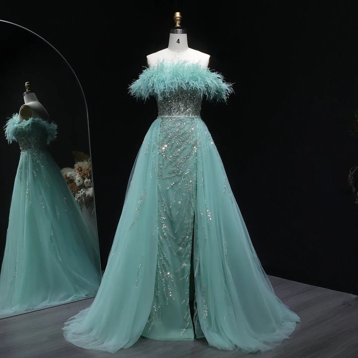 Luxury Feathers Lilac Evening Dress with Overskirt SS252