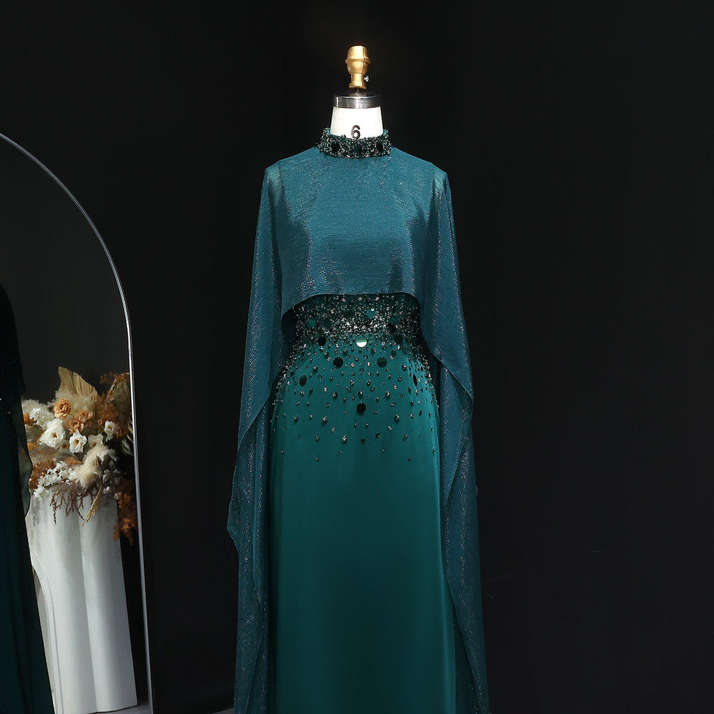 Elegant Green Beaded Crystal Evening Dress with Cape Sleeve SS260