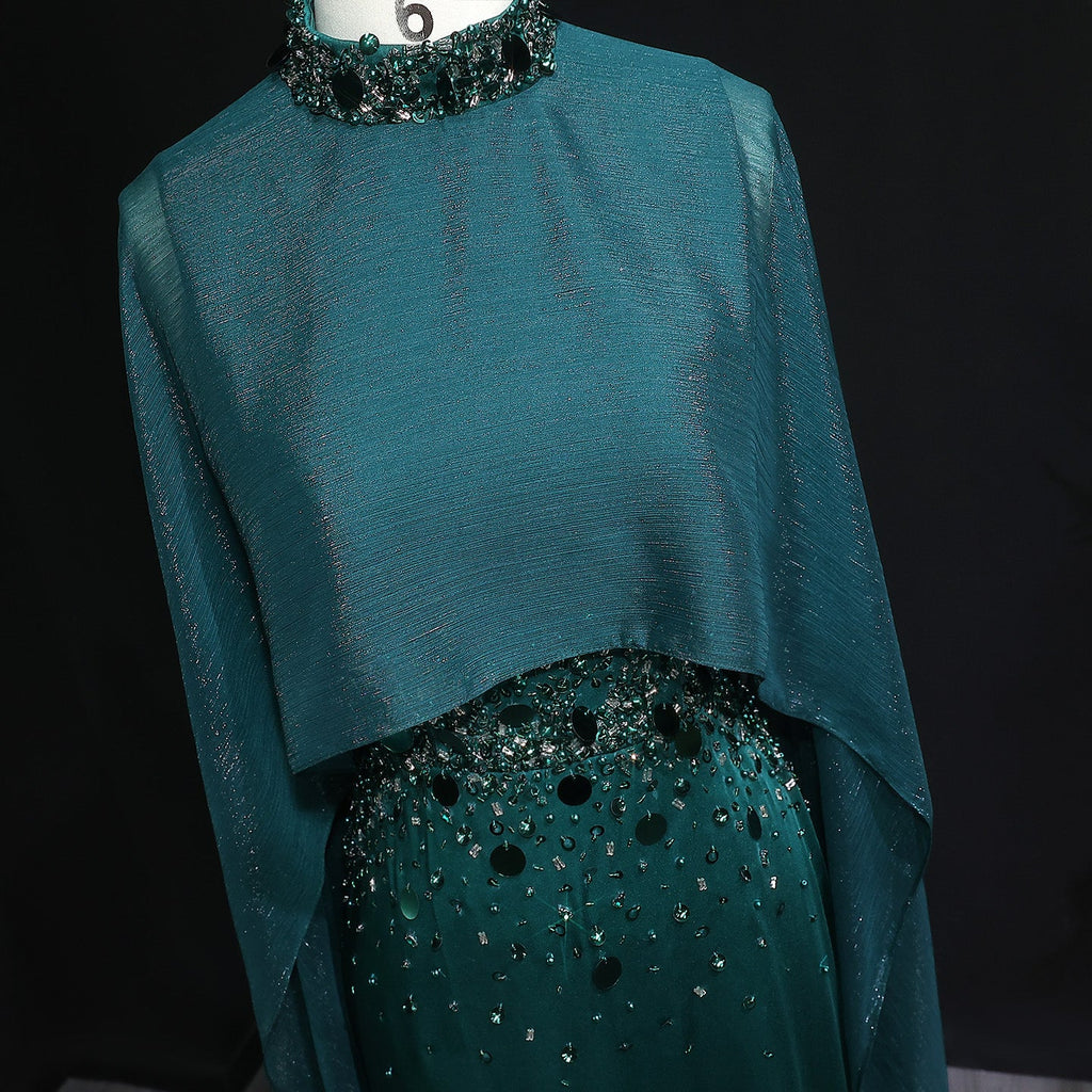 Elegant Green Beaded Crystal Evening Dress with Cape Sleeve SS260