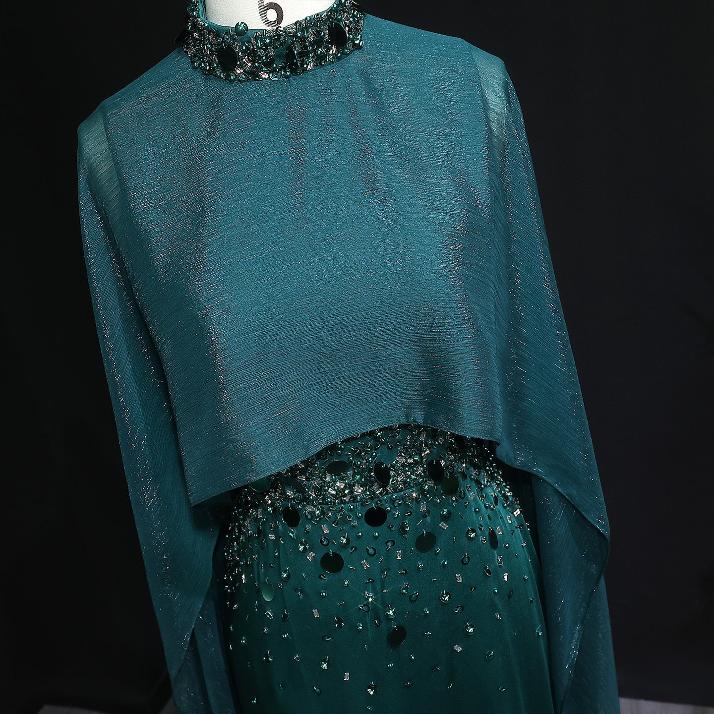 Elegant Green Beaded Crystal Evening Dress with Cape Sleeve SS260
