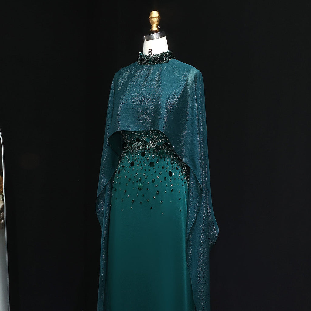 Elegant Green Beaded Crystal Evening Dress with Cape Sleeve SS260