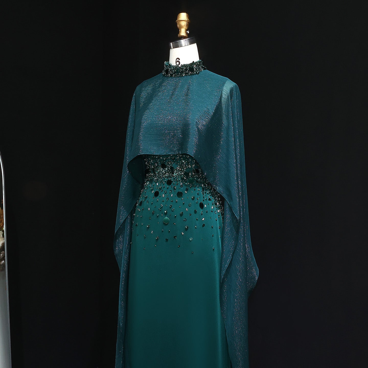 Elegant Green Beaded Crystal Evening Dress with Cape Sleeve SS260