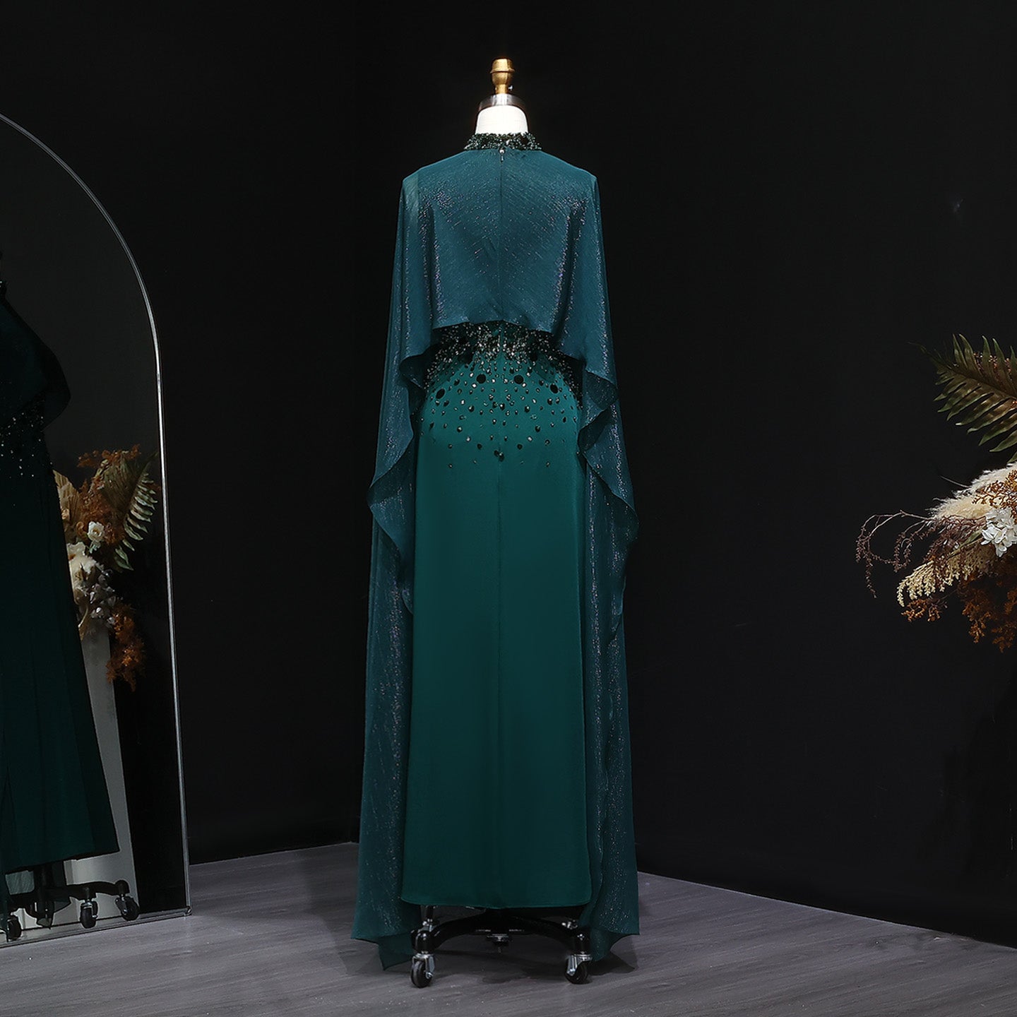 Elegant Green Beaded Crystal Evening Dress with Cape Sleeve SS260