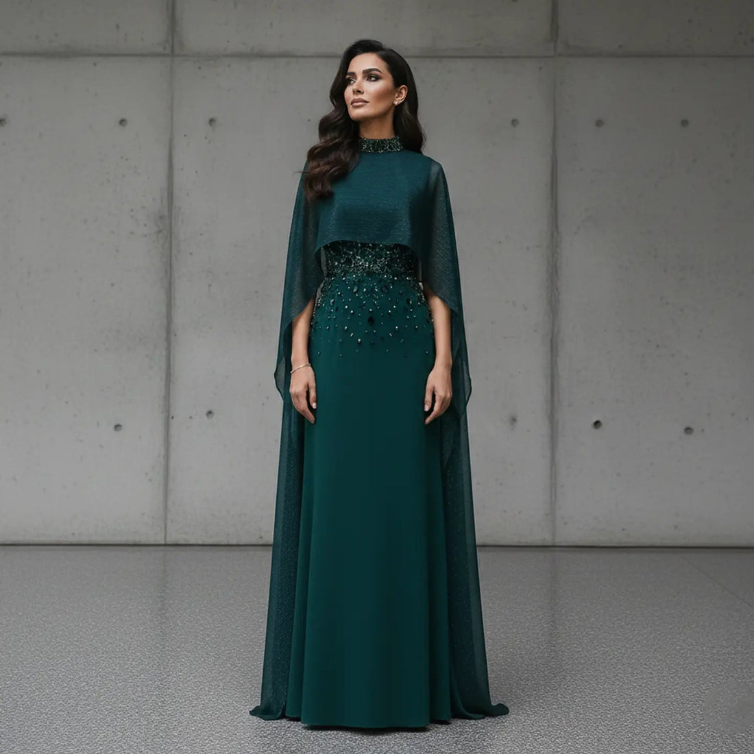 Glamorous Green Beaded Crystal Evening Dress with Cape Sleeve SS260