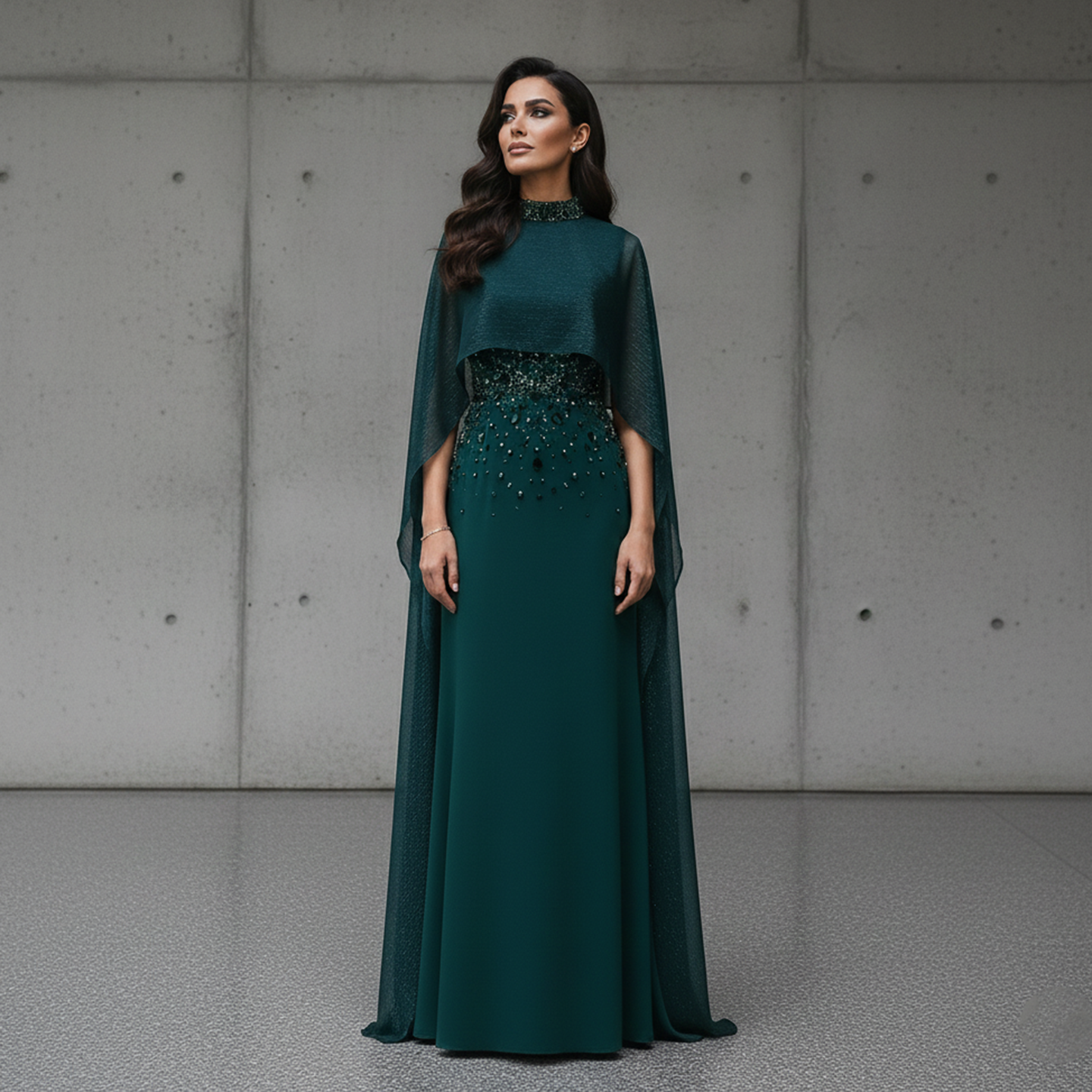 Elegant Green Beaded Crystal Evening Dress with Cape Sleeve SS260