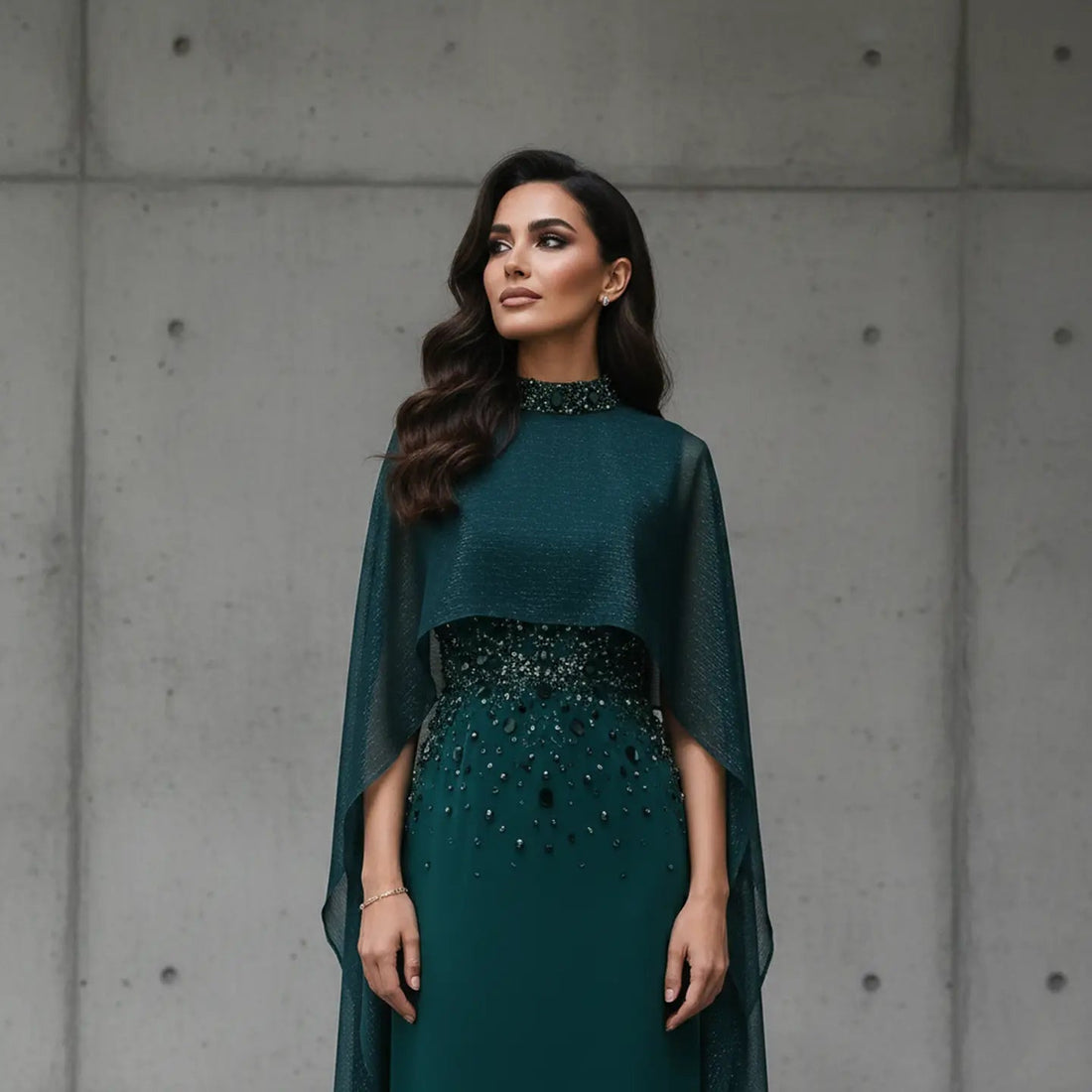 Glamorous Green Beaded Crystal Evening Dress with Cape Sleeve SS260