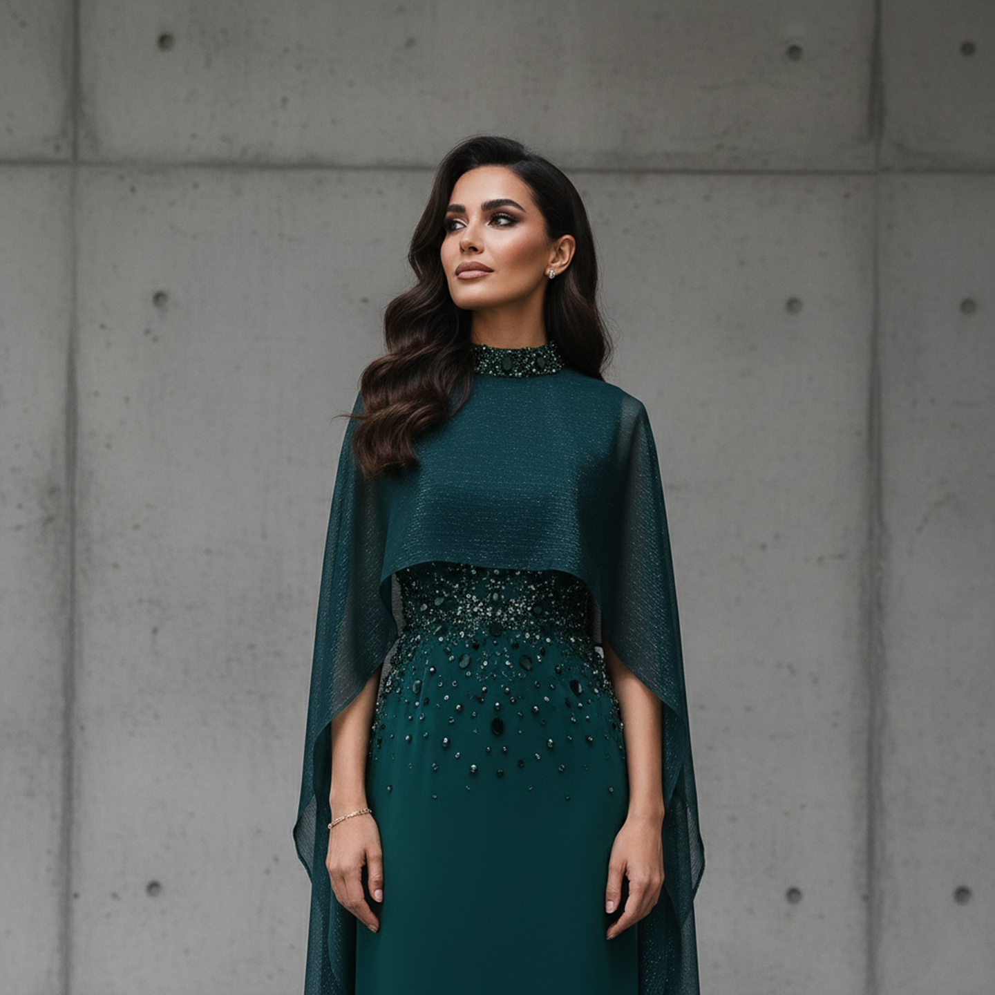 Elegant Green Beaded Crystal Evening Dress with Cape Sleeve SS260