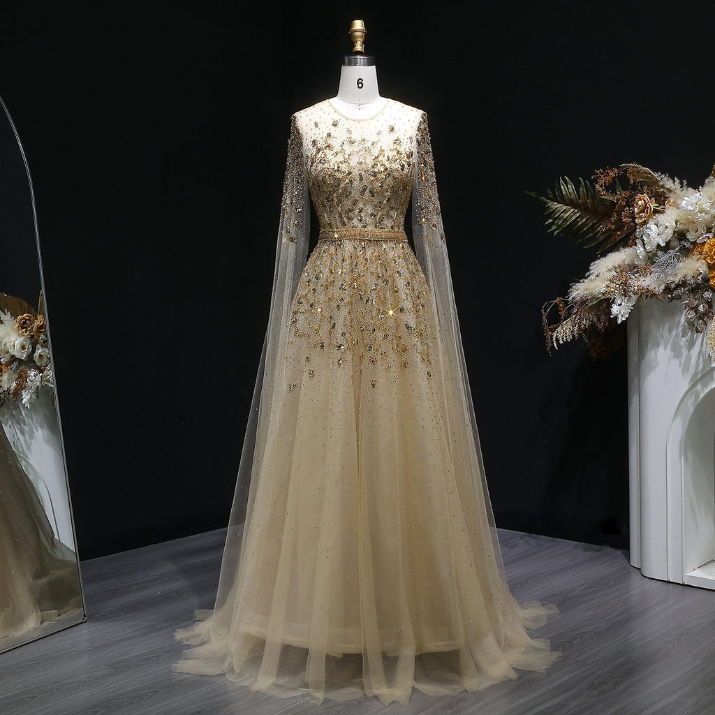 Luxury Crystal Gold A-Line Evening Dress with Cape Sleeves SS268