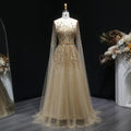 Luxury Crystal Gold A-Line Evening Dress with Cape Sleeves SS268