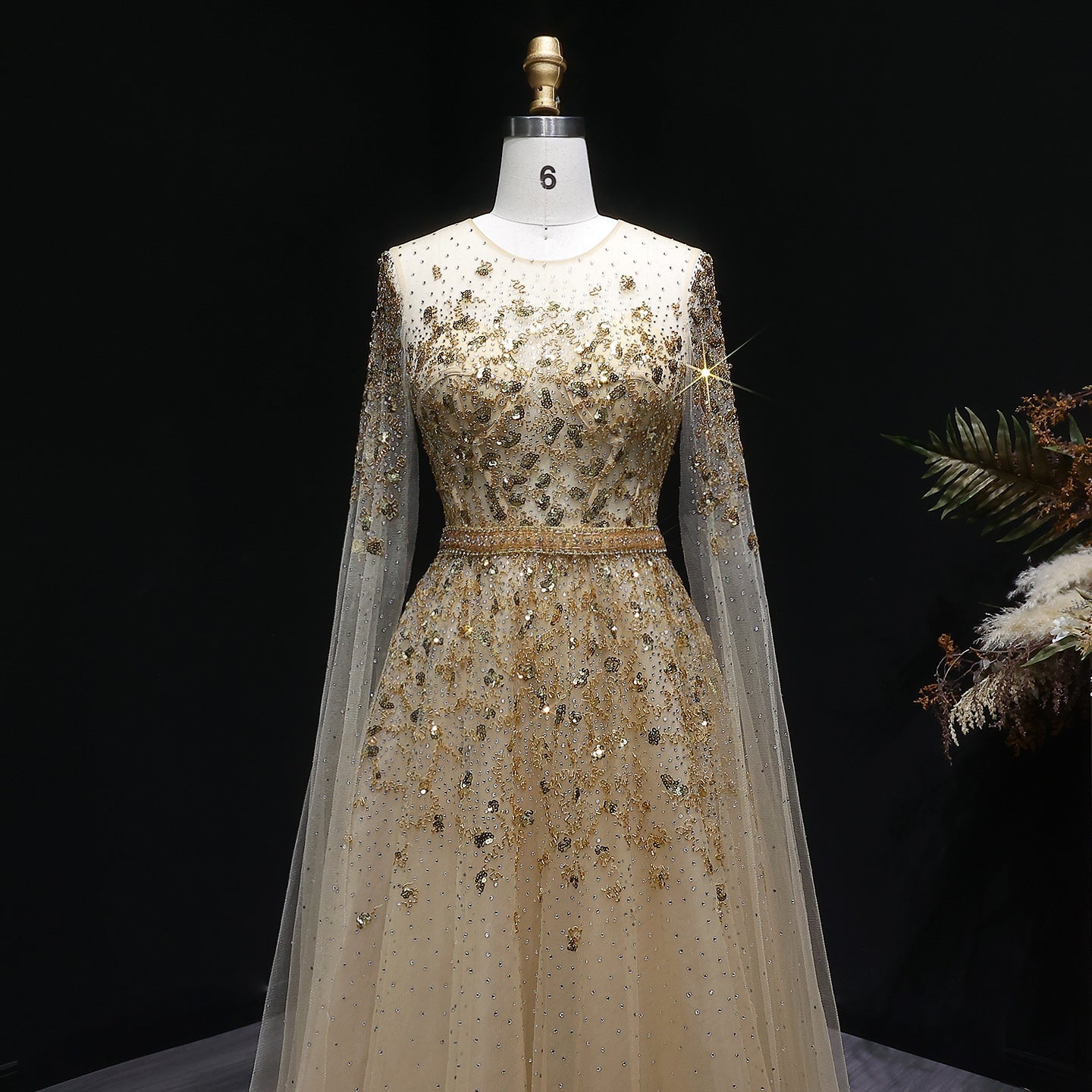 Luxury Crystal Gold A-Line Evening Dress with Cape Sleeves SS268