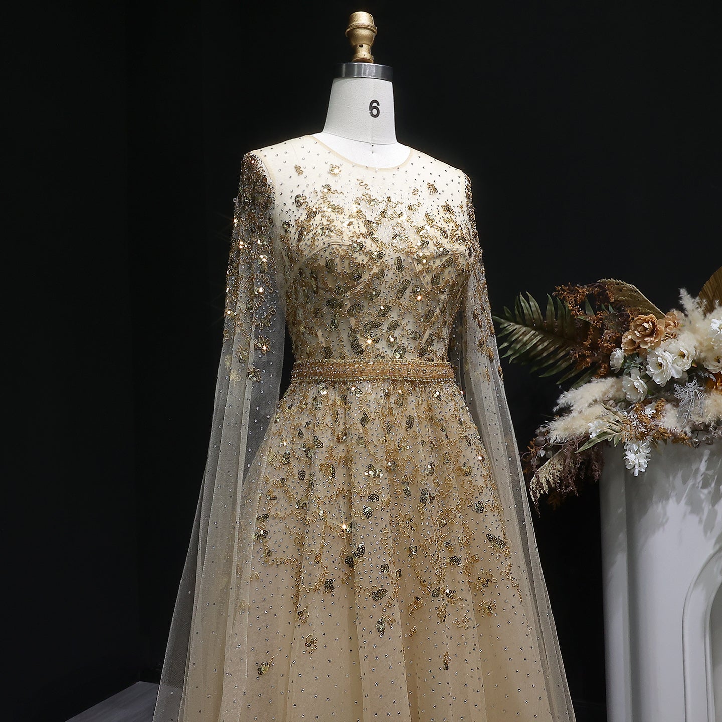 Luxury Crystal Gold A-Line Evening Dress with Cape Sleeves SS268
