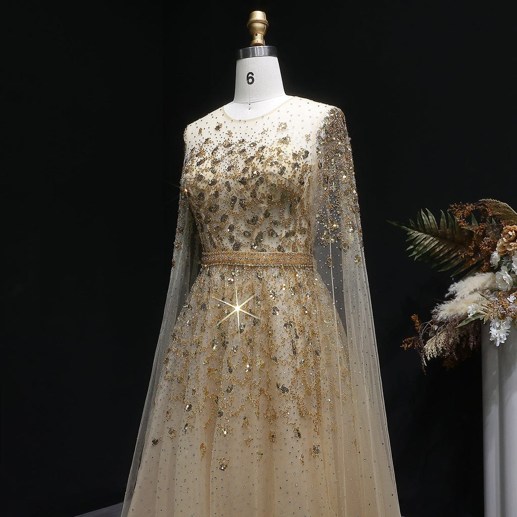 Luxury Crystal Gold A-Line Evening Dress with Cape Sleeves SS268