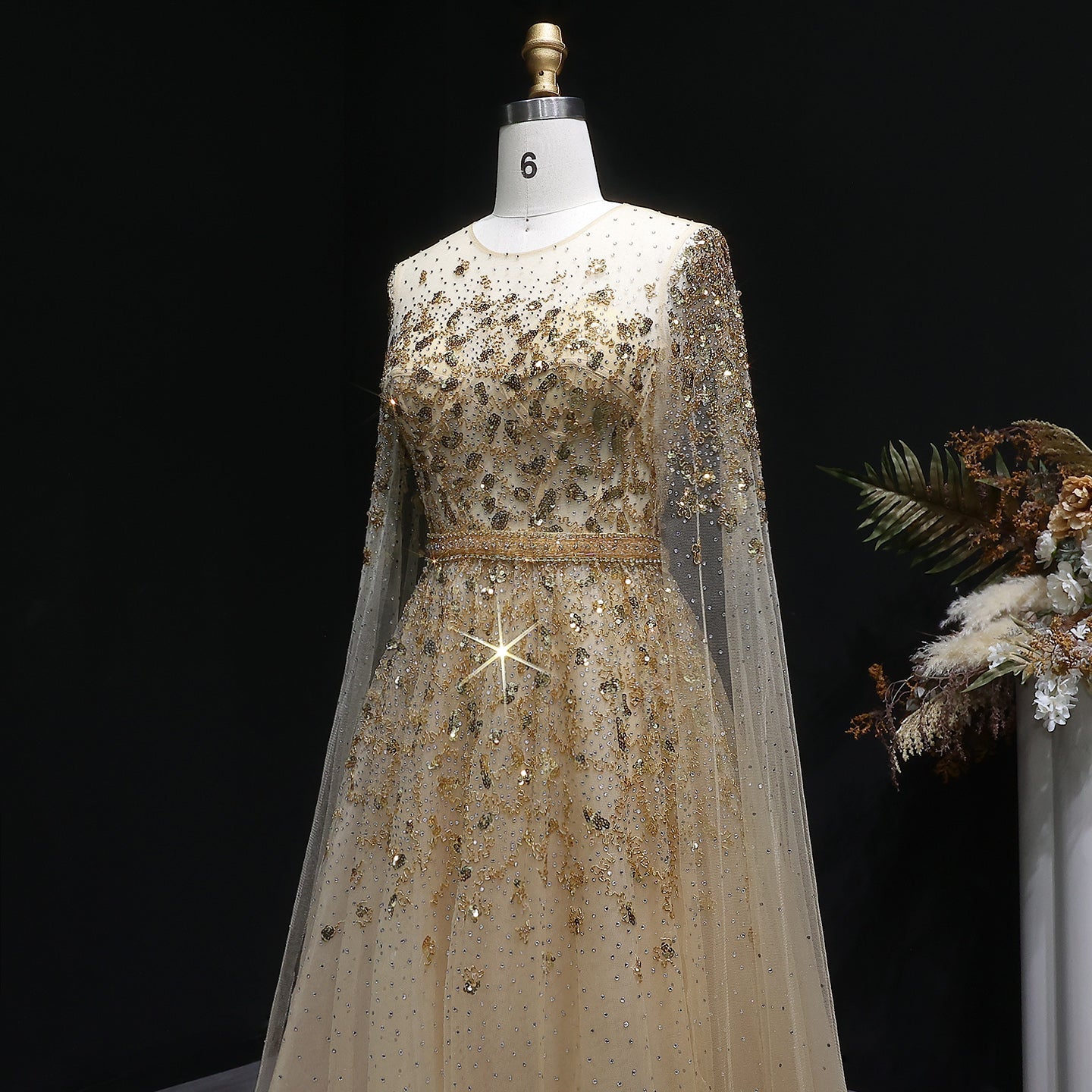 Luxury Crystal Gold A-Line Evening Dress with Cape Sleeves SS268