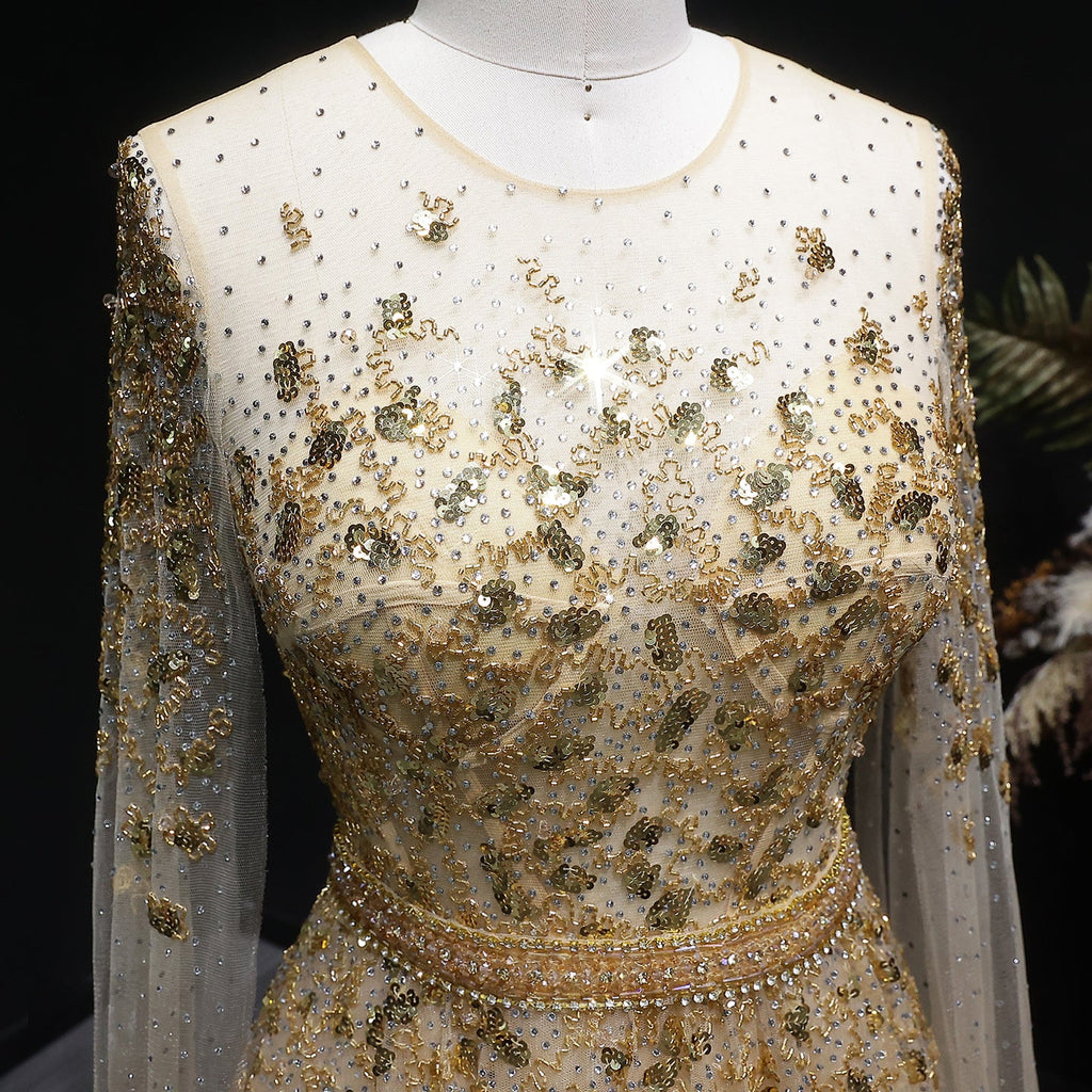 Luxury Crystal Gold A-Line Evening Dress with Cape Sleeves SS268