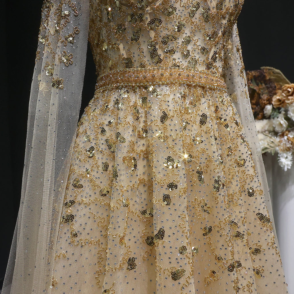 Luxury Crystal Gold A-Line Evening Dress with Cape Sleeves SS268