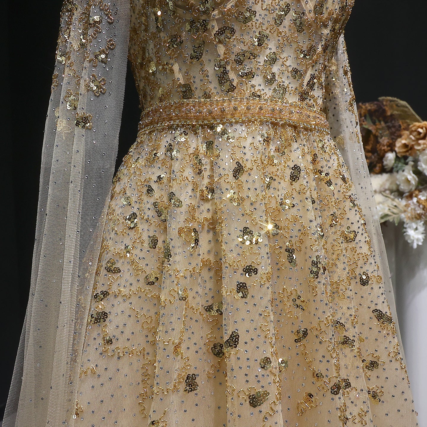 Luxury Crystal Gold A-Line Evening Dress with Cape Sleeves SS268