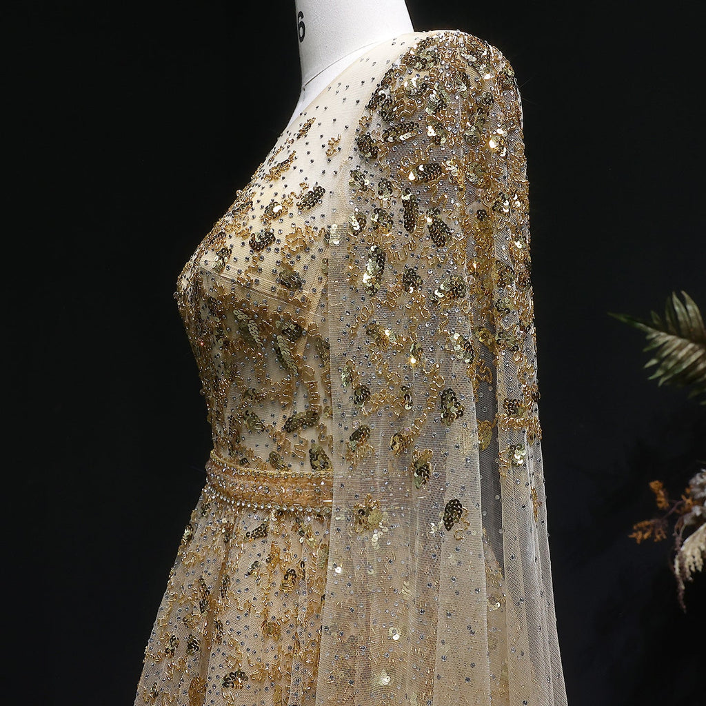 Luxury Crystal Gold A-Line Evening Dress with Cape Sleeves SS268