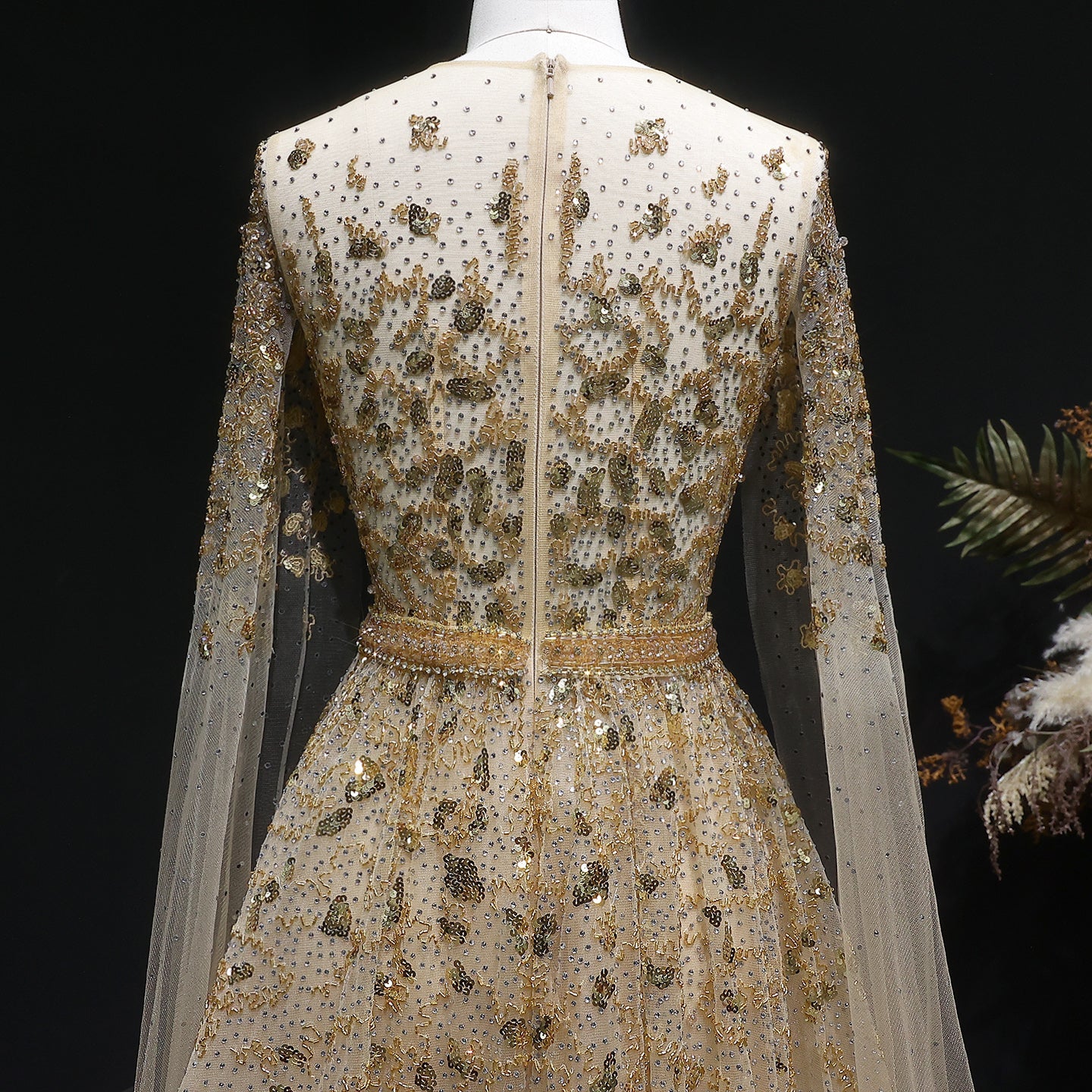 Luxury Crystal Gold A-Line Evening Dress with Cape Sleeves SS268