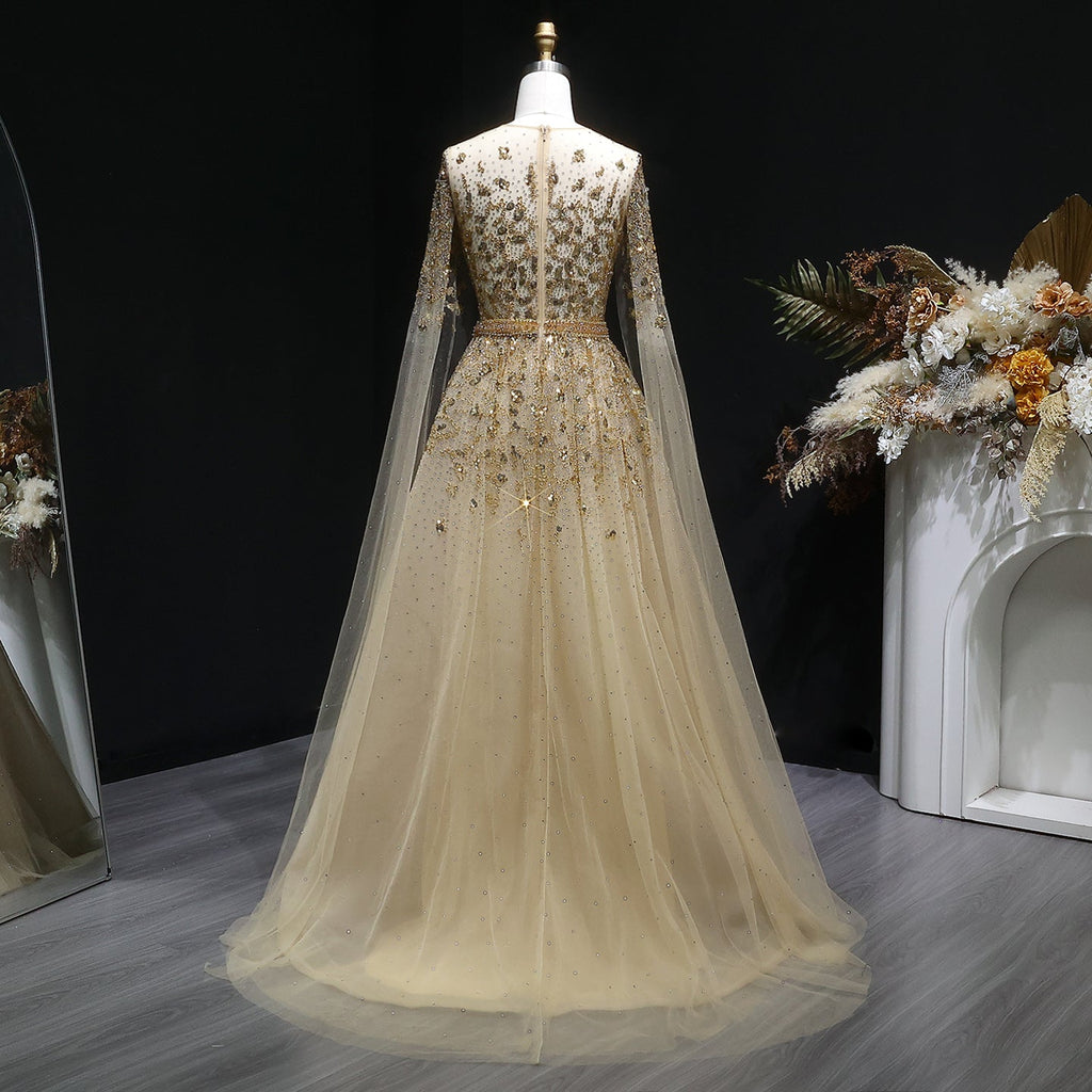 Luxury Crystal Gold A-Line Evening Dress with Cape Sleeves SS268