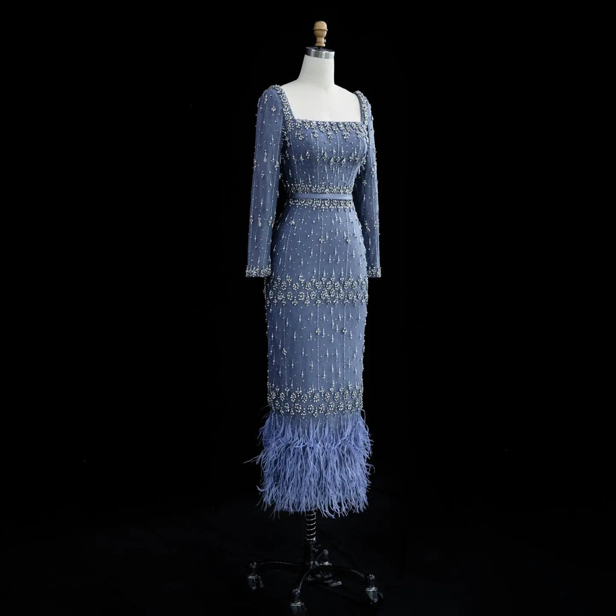 Luxury Gray Feather Straight Evening Dress with Cape Sleeves SS279
