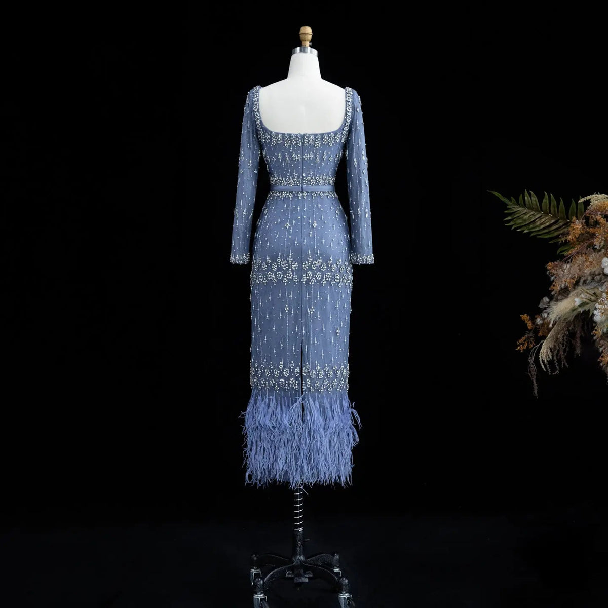 Luxury Gray Feather Straight Evening Dress with Cape Sleeves SS279