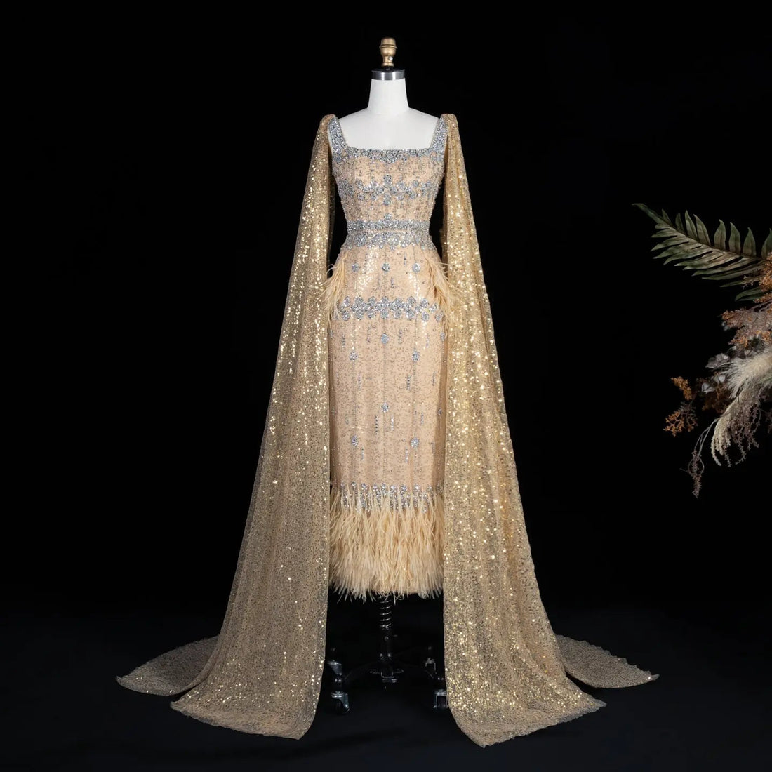 Luxury Gray Feather Straight Evening Dress with Cape Sleeves SS279