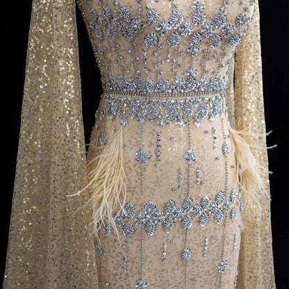 Luxury Gray Feather Straight Evening Dress with Cape Sleeves SS279