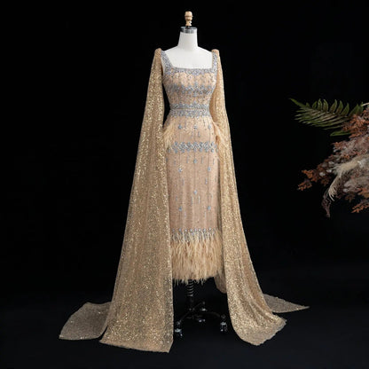 Luxury Gray Feather Straight Evening Dress with Cape Sleeves SS279