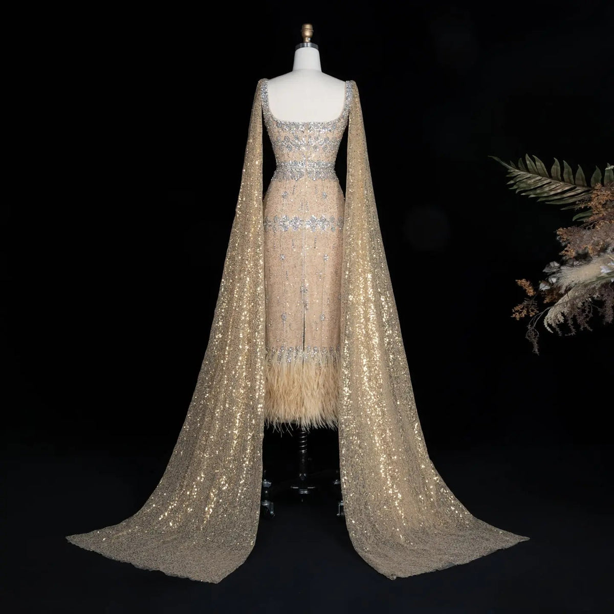 Luxury Gray Feather Straight Evening Dress with Cape Sleeves SS279