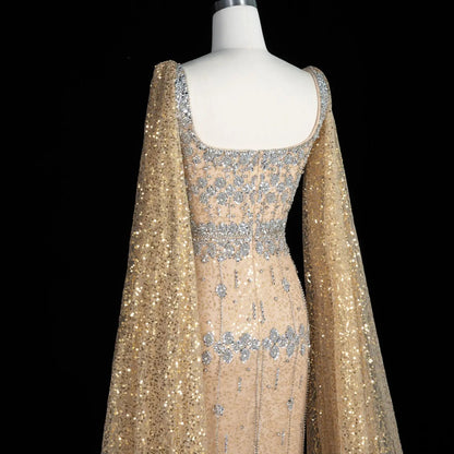 Luxury Gray Feather Straight Evening Dress with Cape Sleeves SS279
