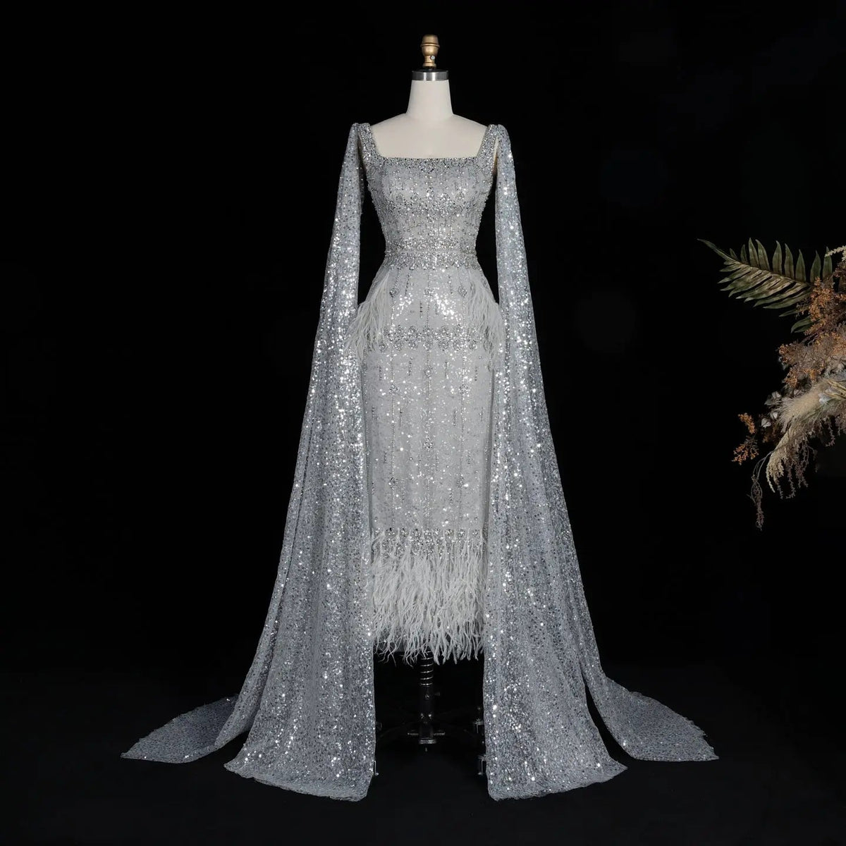 Luxury Gray Feather Straight Evening Dress with Cape Sleeves SS279