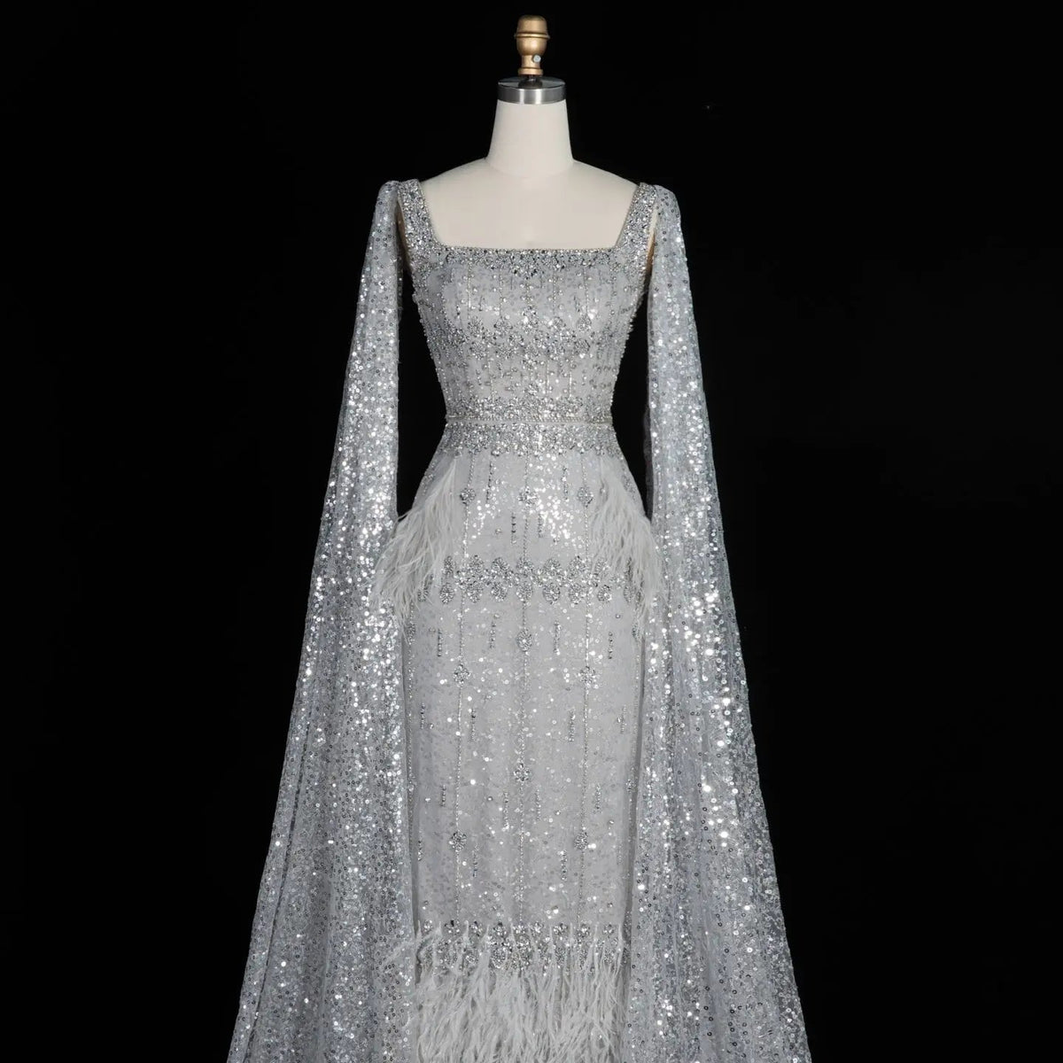 Luxury Gray Feather Straight Evening Dress with Cape Sleeves SS279