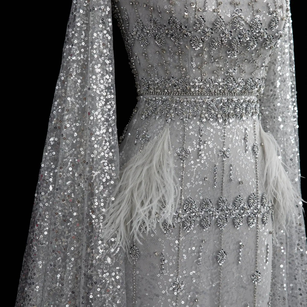 Luxury Gray Feather Straight Evening Dress with Cape Sleeves SS279